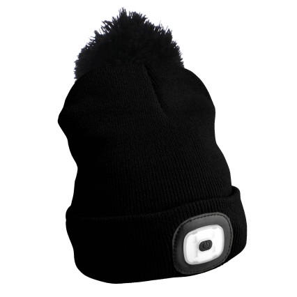 Gorro con linterna de 180 lm, recargable, USB, talla universal, algodón/PE, negro con pompón