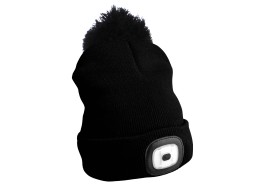 Gorro con linterna de 180 lm, recargable, USB, talla universal, algodón/PE, negro con pompón